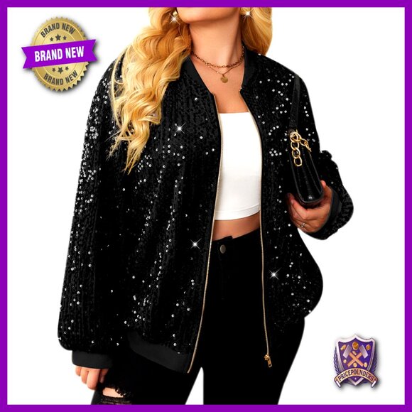 Plus Size Sequin Bomber Jacket Long Sleeve Loose Fit Front Zip Casual